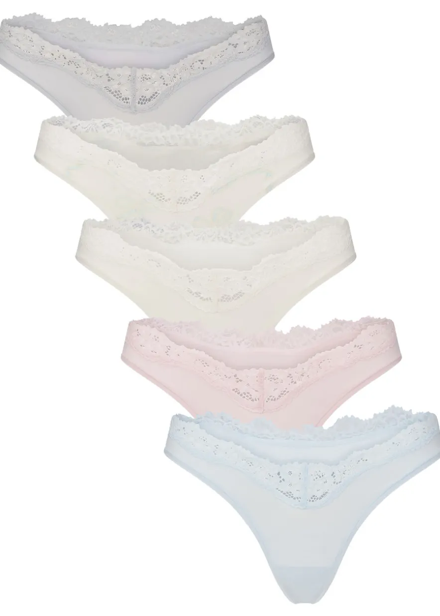 Lace-trim stretch-jersey dipped thong - set of 5