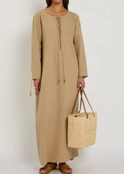 Lace-up linen-blend maxi tunic dress