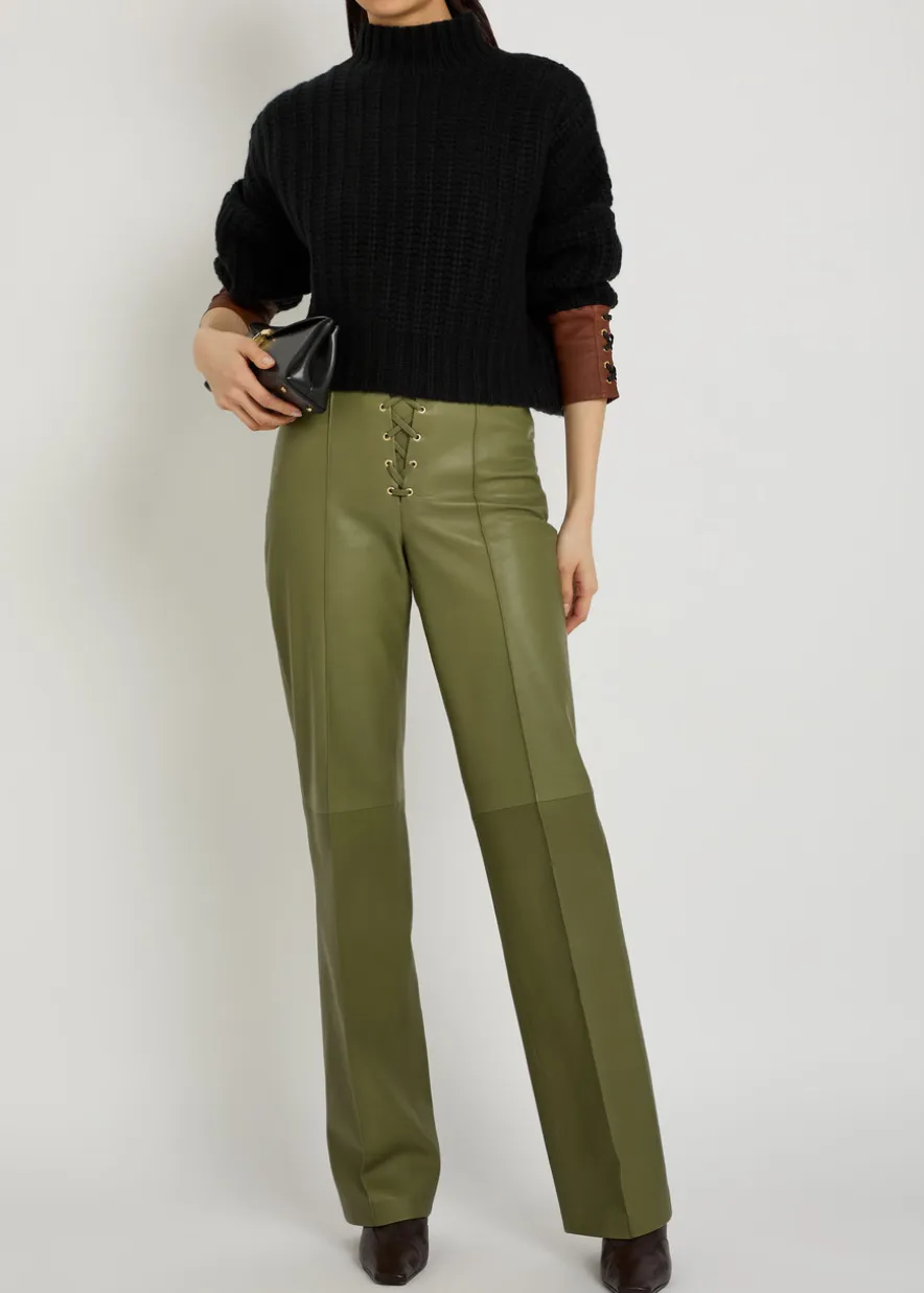 Lace-up straight-leg leather trousers