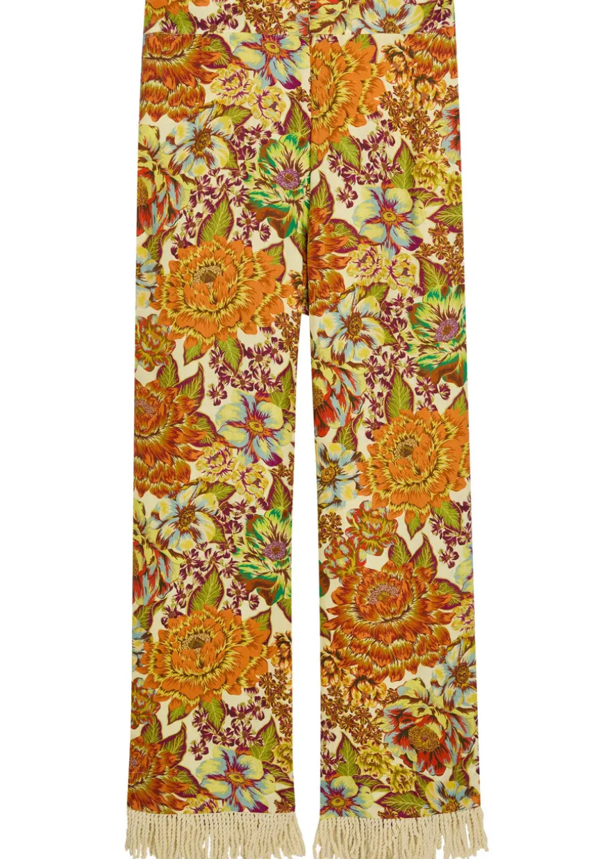 Lana floral-print fringed linen trousers