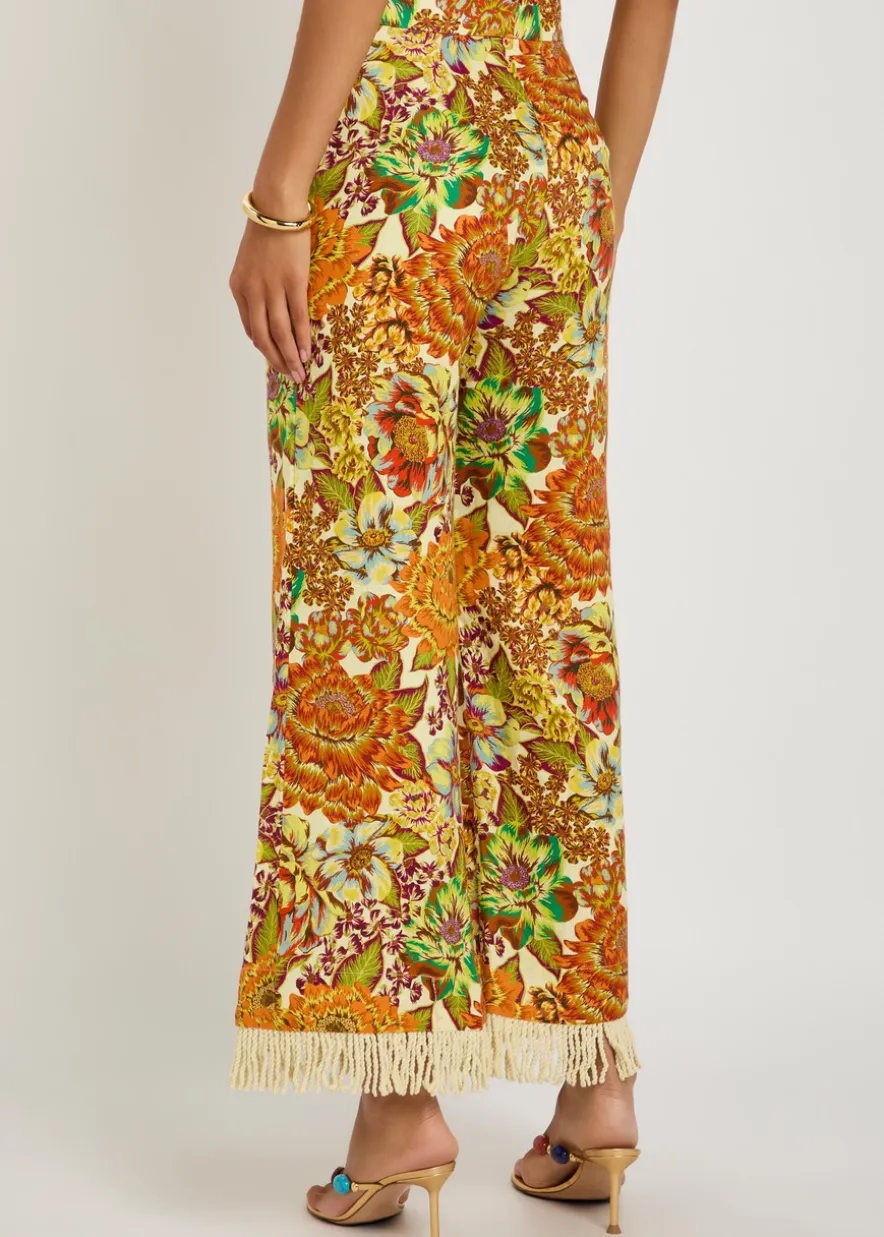 Lana floral-print fringed linen trousers