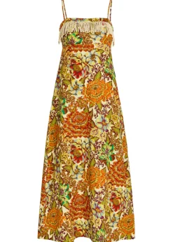 Lana floral-print fringed linen midi dress