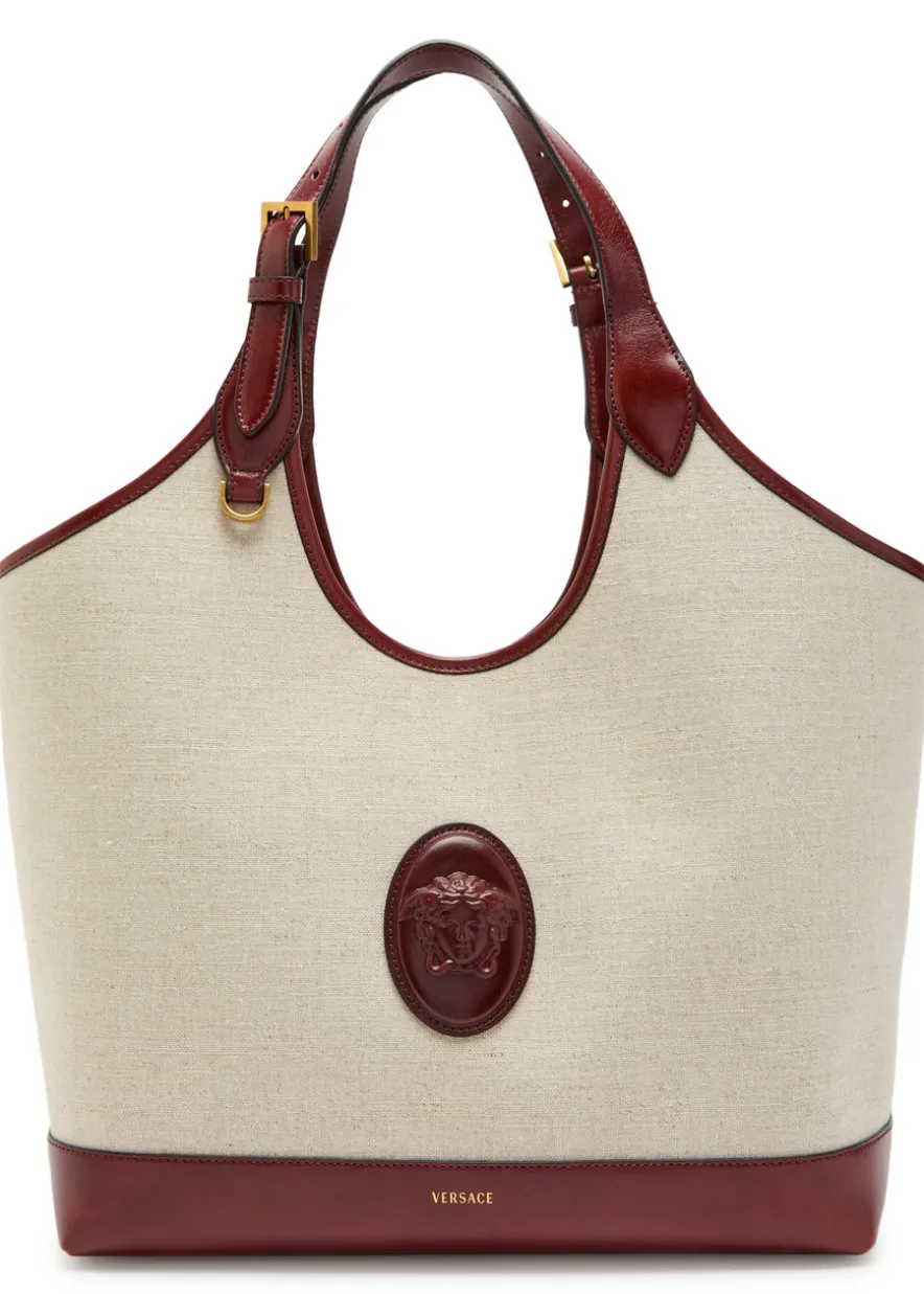 Large leather and canvas tote bag