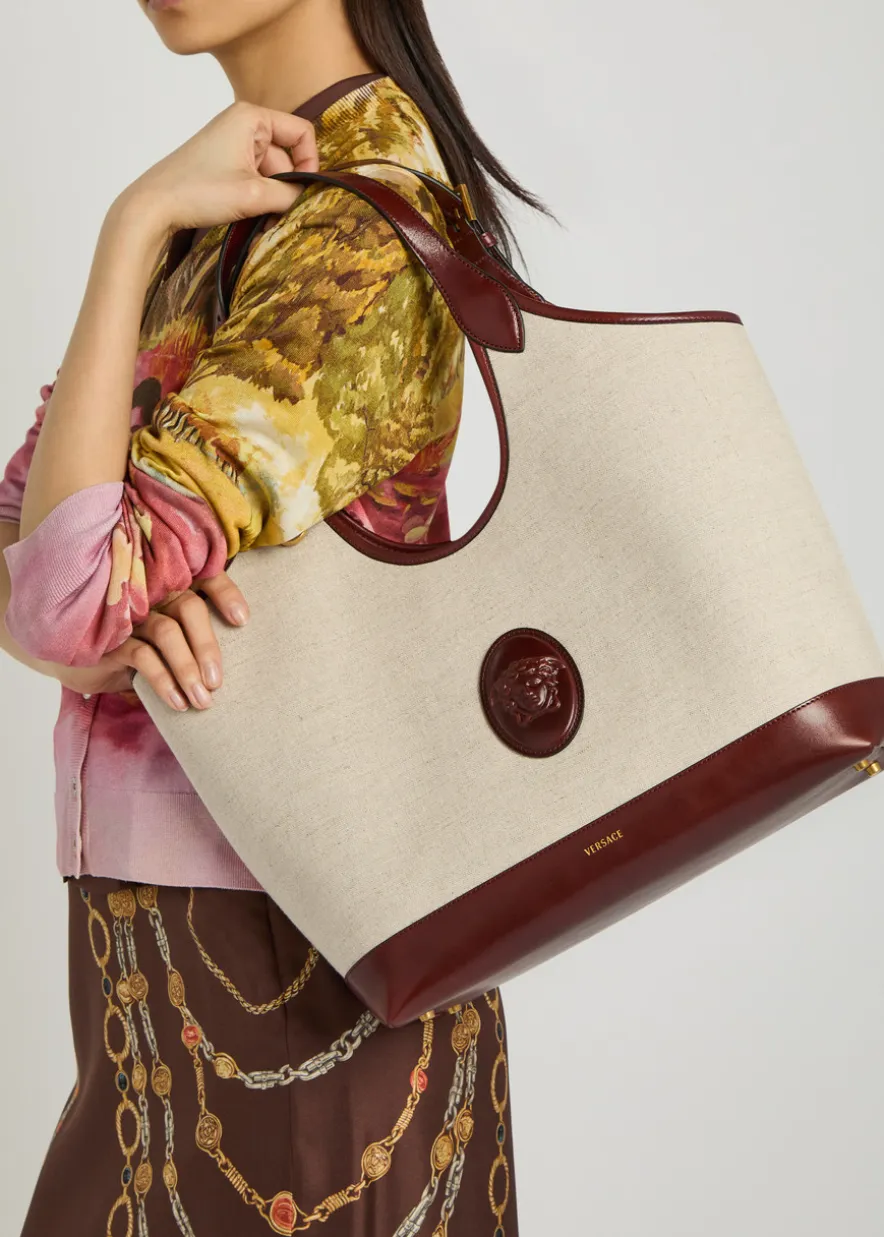 Large leather and canvas tote bag