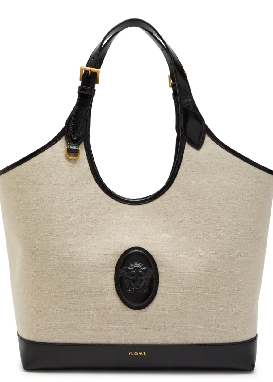 Large leather and canvas tote bag
