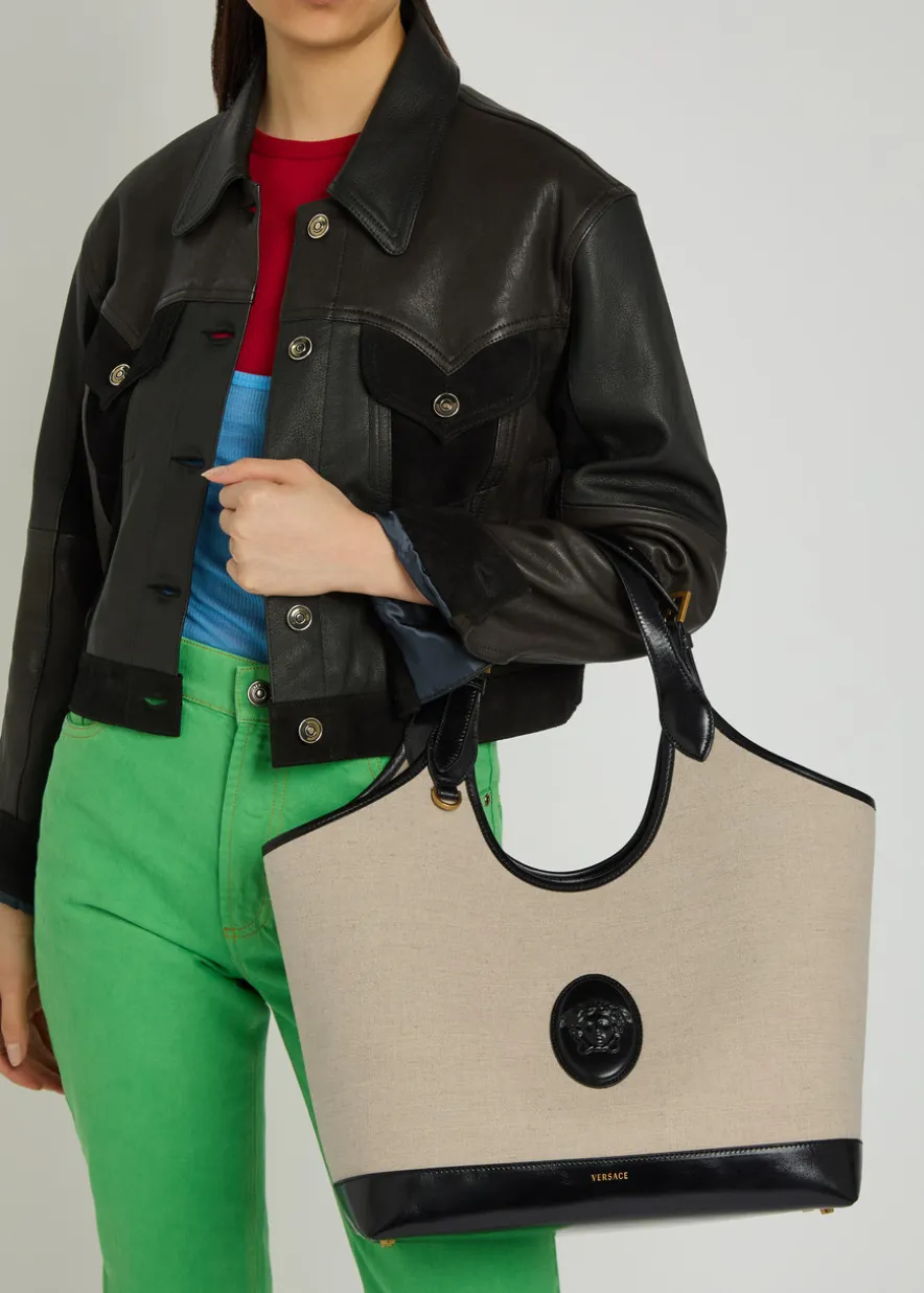 Large leather and canvas tote bag
