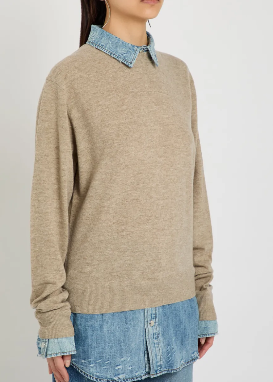 Layered denim shirt wool jumper