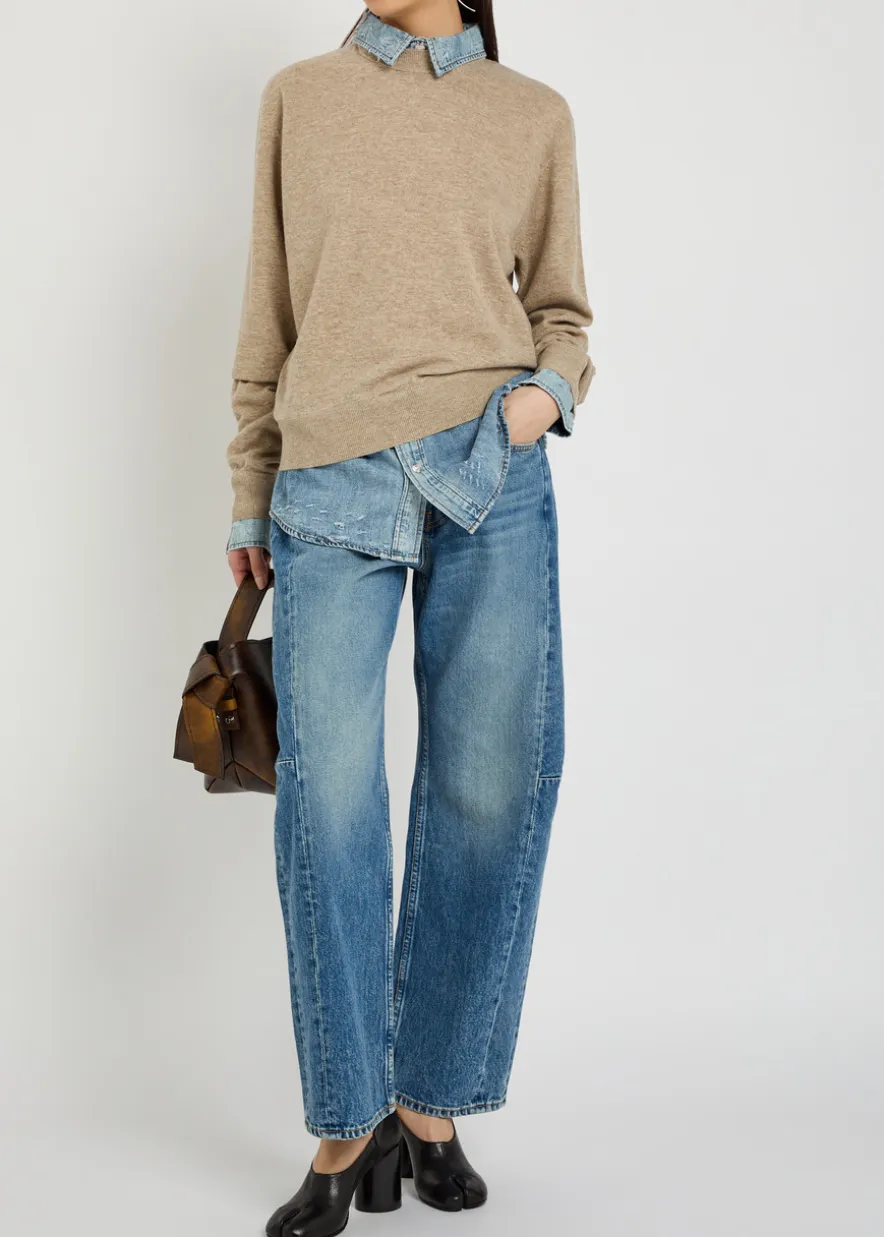 Layered denim shirt wool jumper