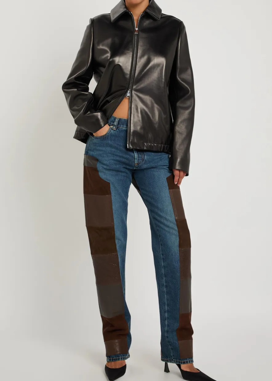 Leather and suede patchwork straight-leg jeans