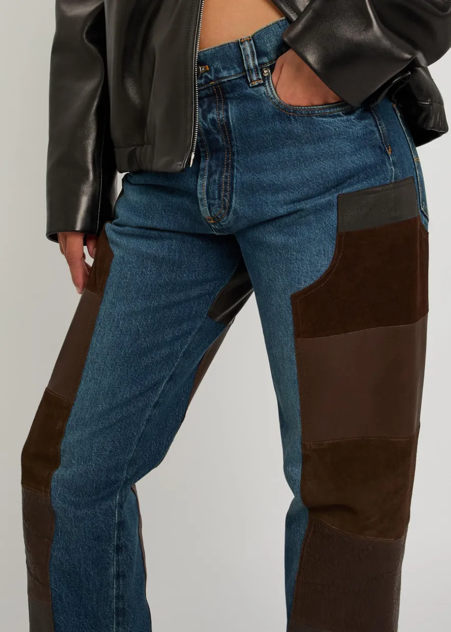 Leather and suede patchwork straight-leg jeans