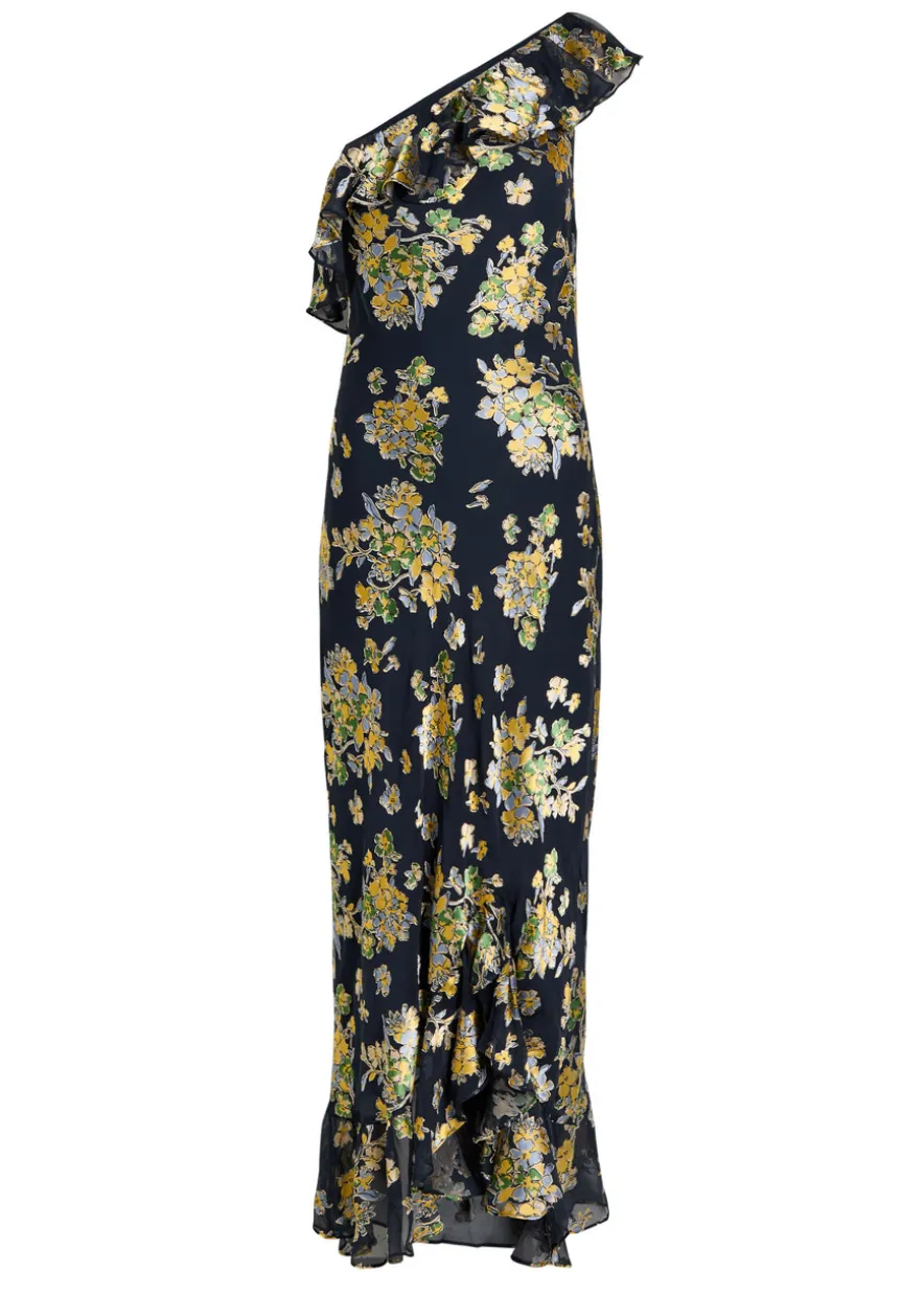 Leon floral one-shoulder chiffon midi dress