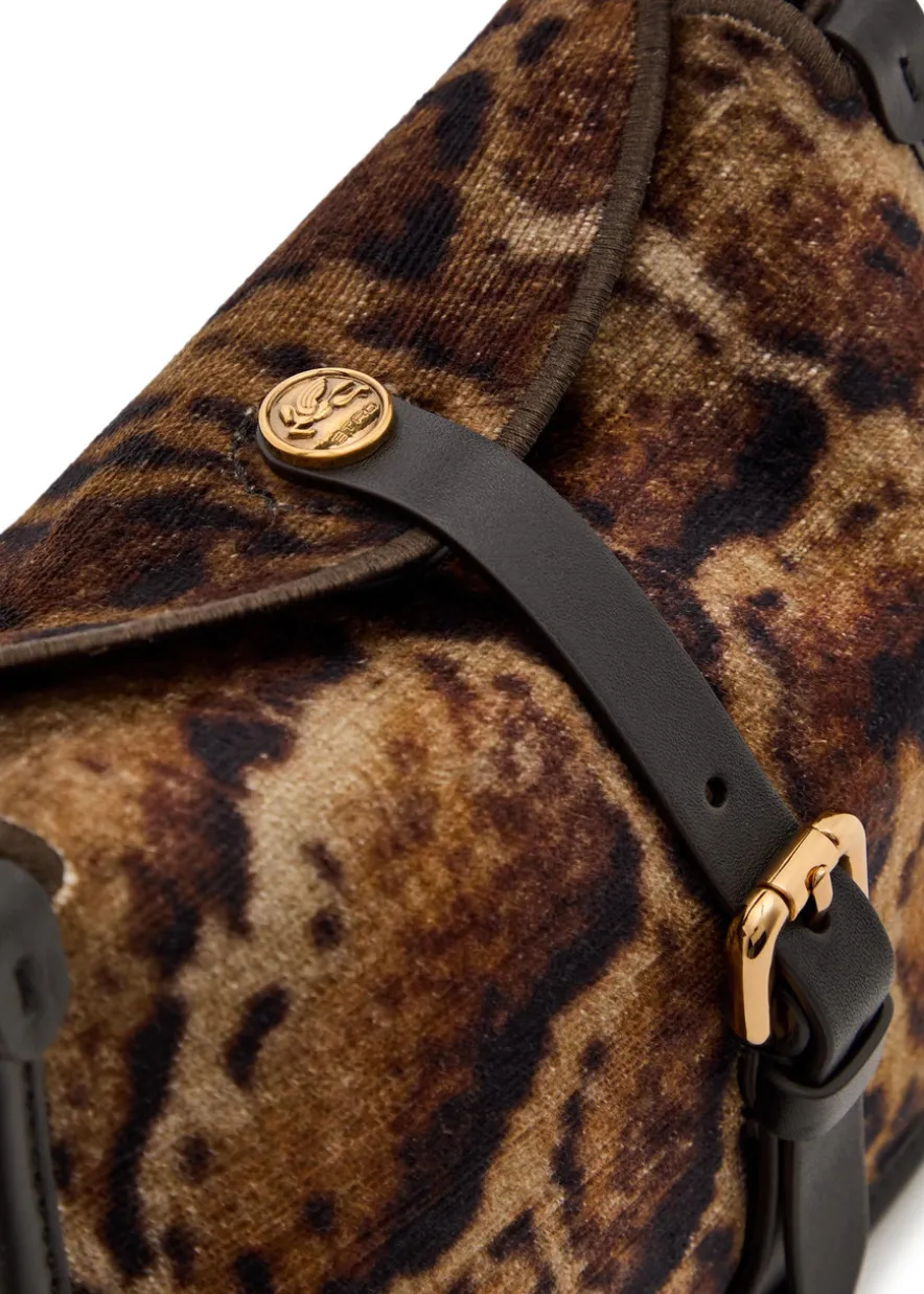 Leopard velvet and leather cross-body bag
