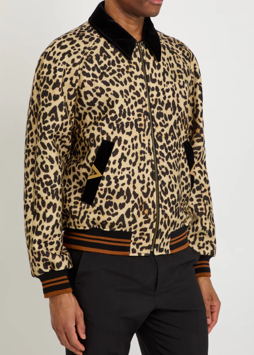 Leopard velvet-trim wool bomber jacket
