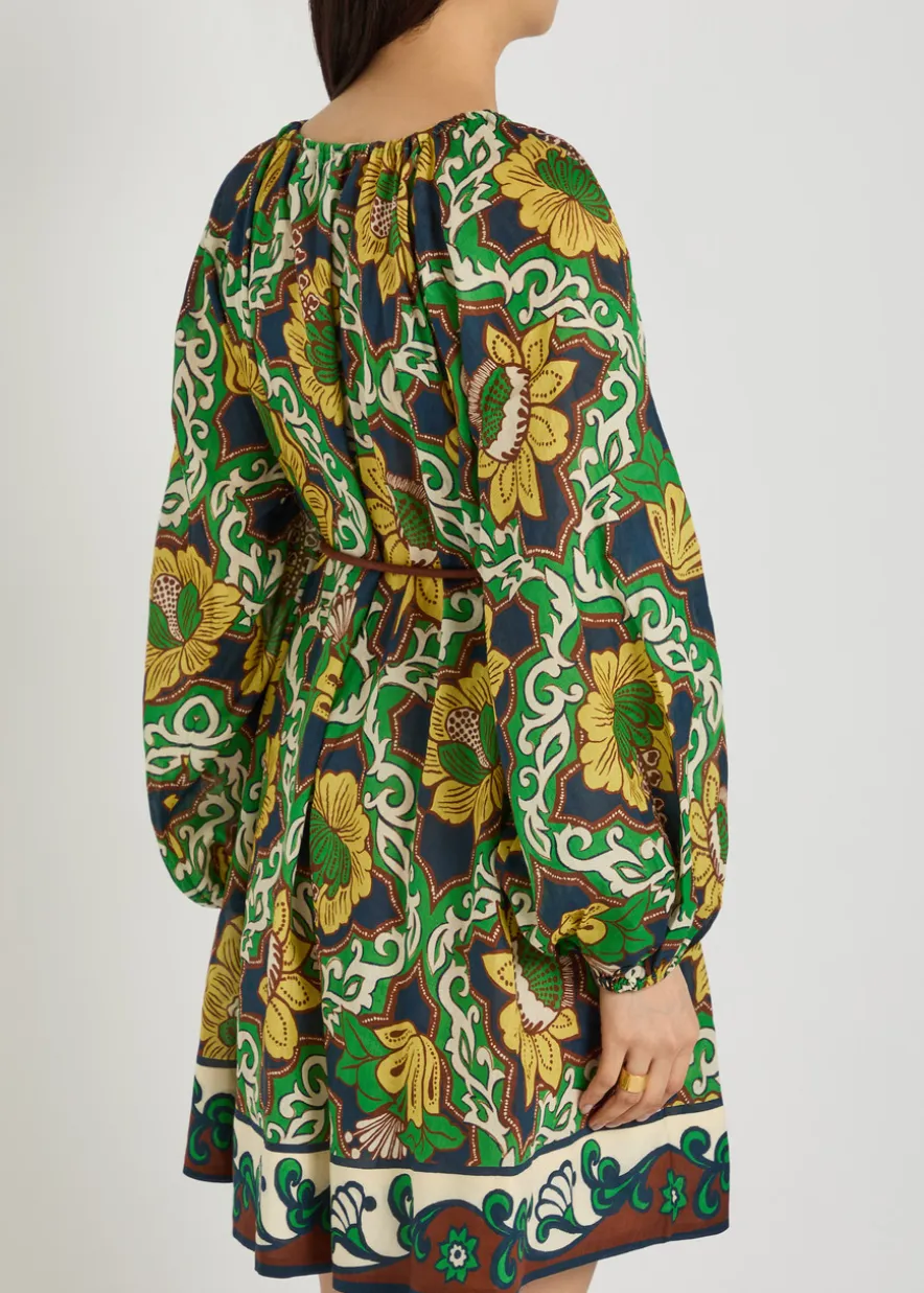 Liana belted printed ramie mini dress