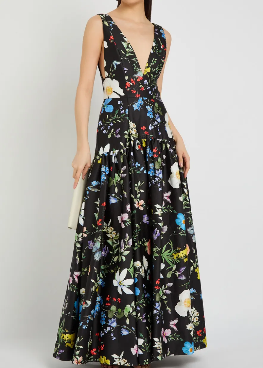 Lila floral print tiered stretch-cotton gown