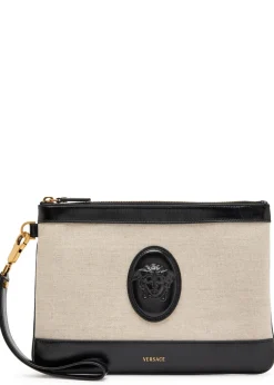 Logo-appliquéd leather and canvas pouch
