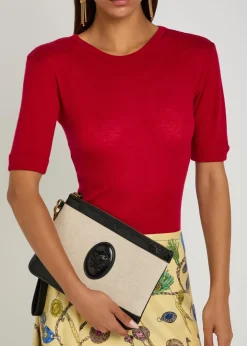 Logo-appliquéd leather and canvas pouch