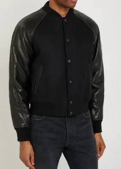 Logo-appliquéd leather and wool bomber jacket