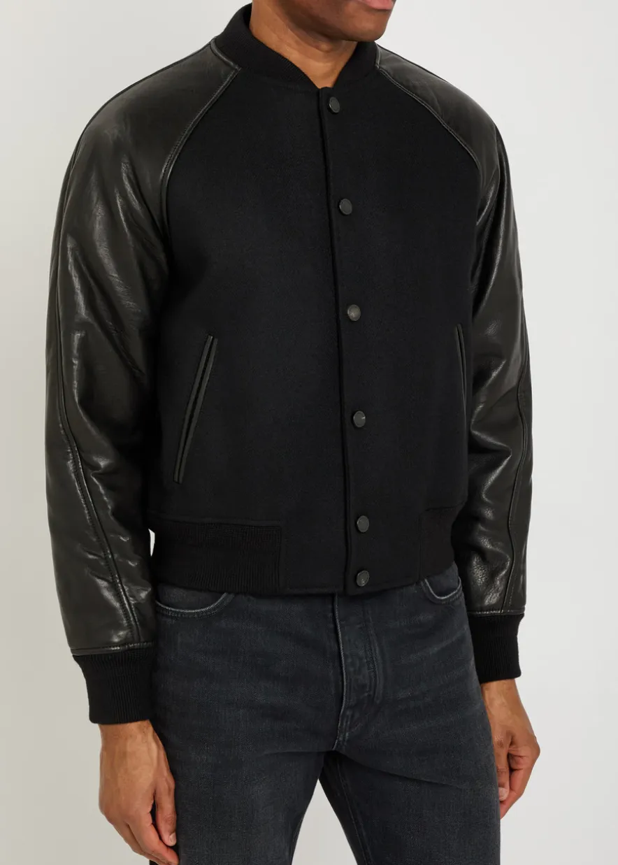Logo-appliquéd leather and wool bomber jacket