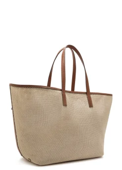 Logo-appliquéd leather and woven tote