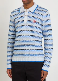 Logo-appliquéd patterned cotton-knit polo jumper