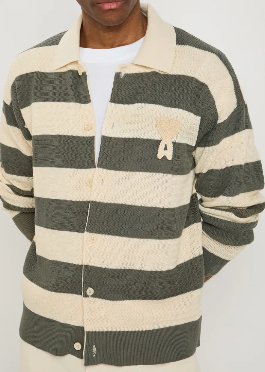Logo-appliquéd striped fine-knit cotton shirt