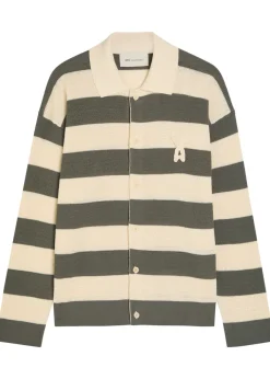 Logo-appliquéd striped fine-knit cotton shirt