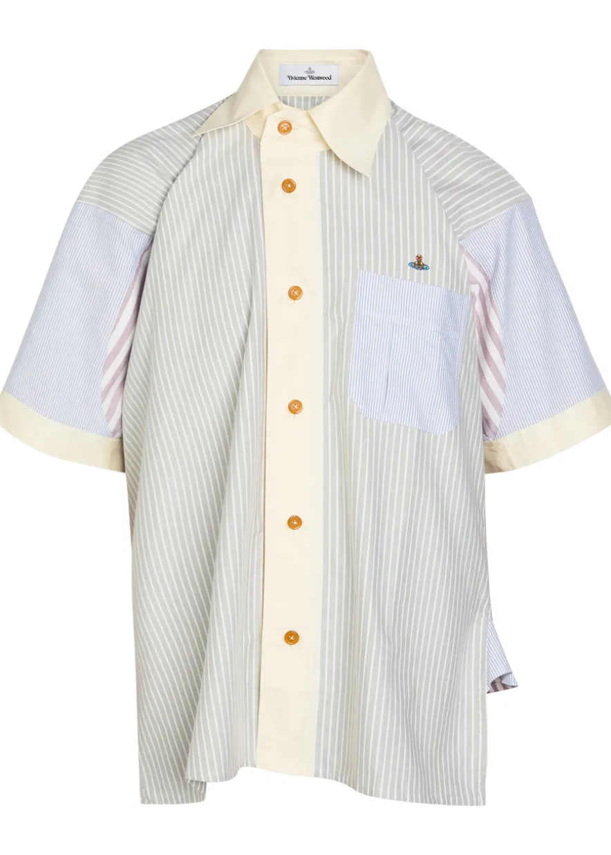 Logo-embroidered asymmetric striped cotton shirt