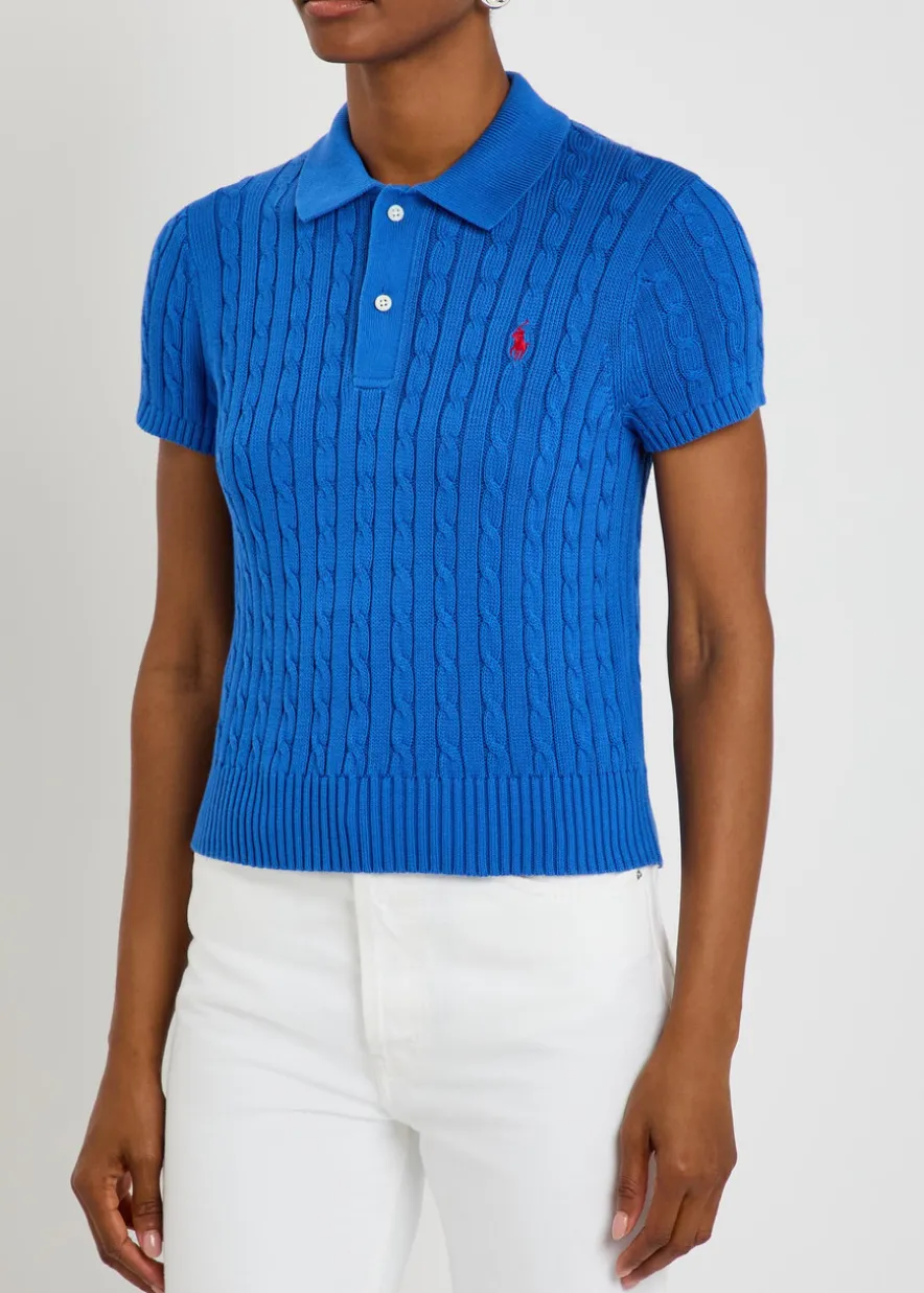 Logo-embroidered cable-knit cotton polo top
