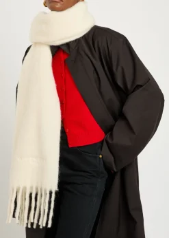 Logo-embroidered fringed alpaca-blend scarf
