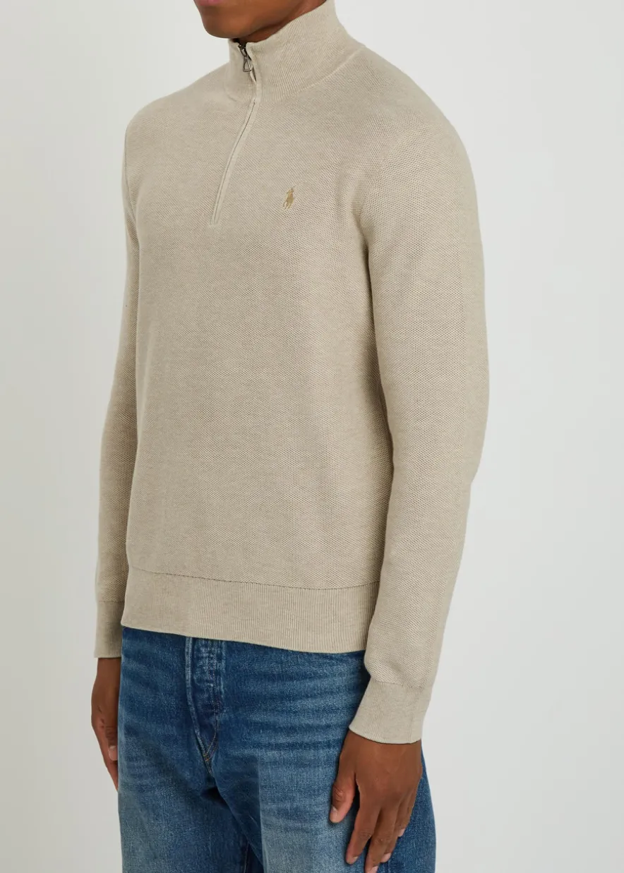 Logo-embroidered half-zip piqué cotton jumper