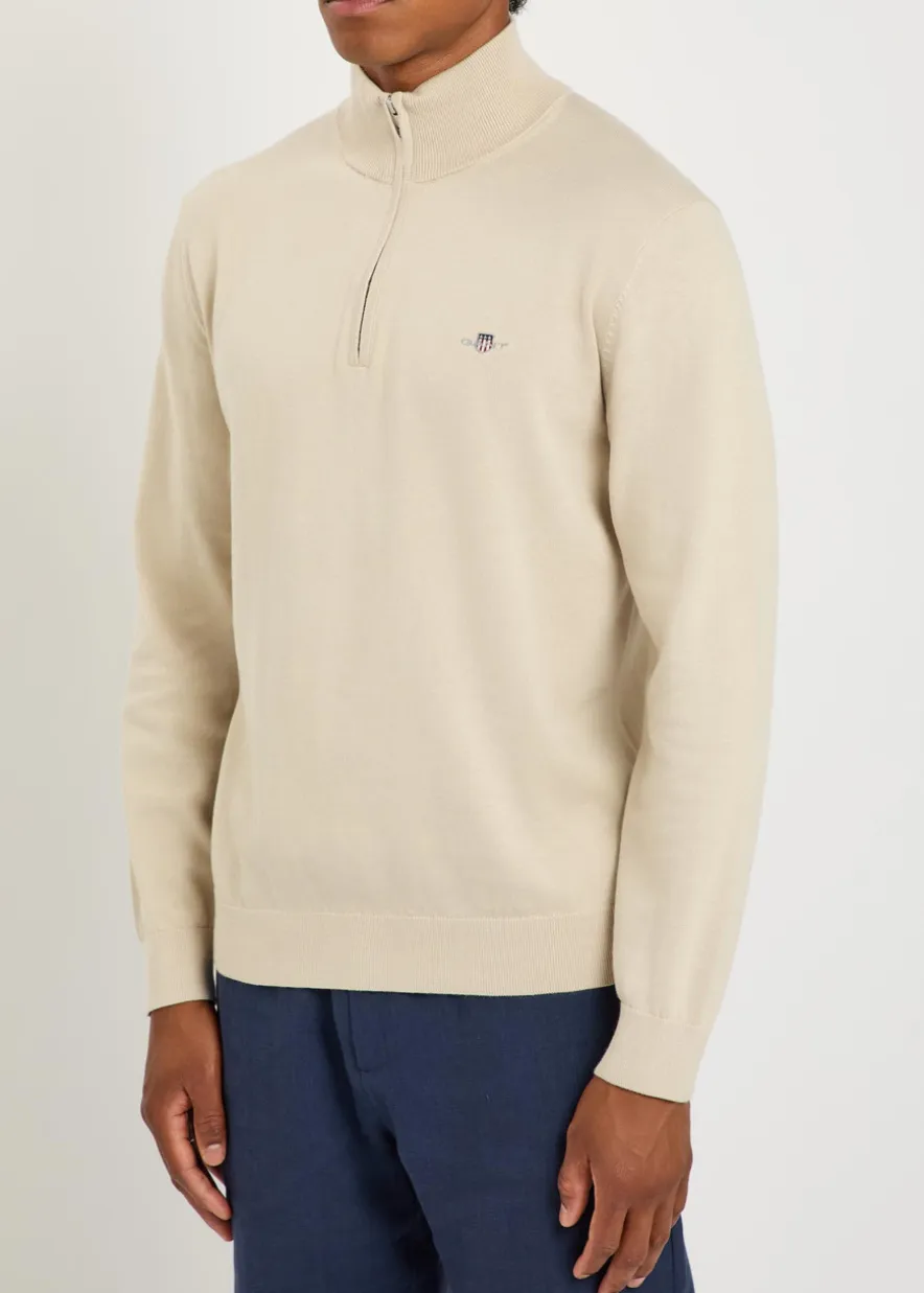 Logo-embroidered quarter-zip cotton jumper