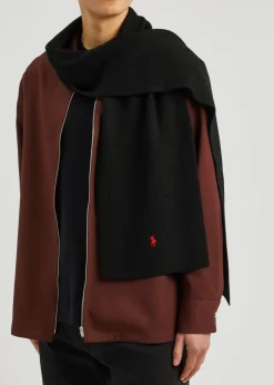 Logo-embroidered ribbed wool scarf