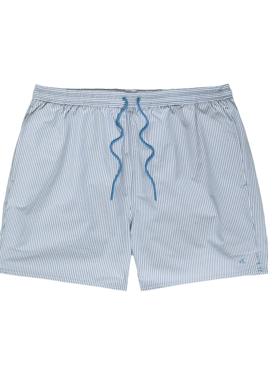 Logo-embroidered striped seersucker swim shorts
