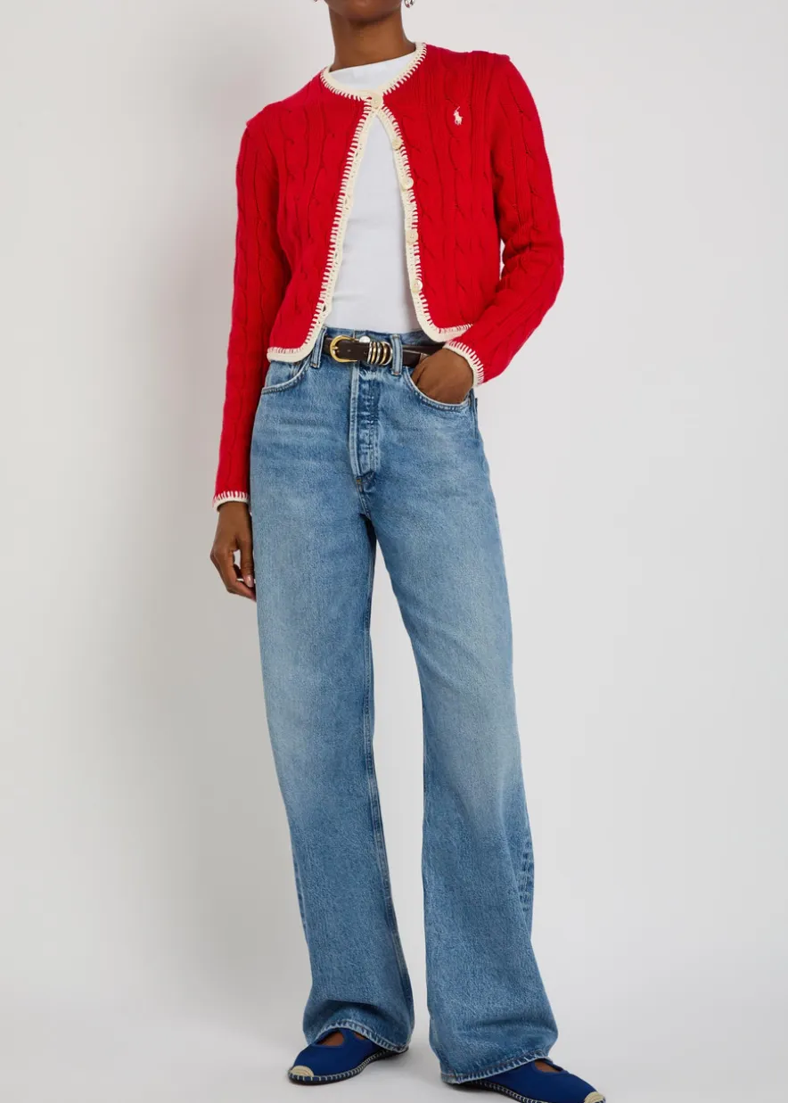 Logo-embroidery cable-knit stretch-cotton cardigan