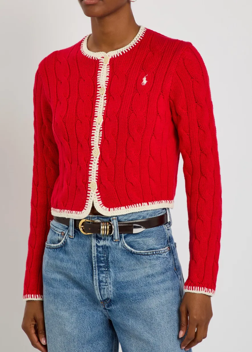 Logo-embroidery cable-knit stretch-cotton cardigan