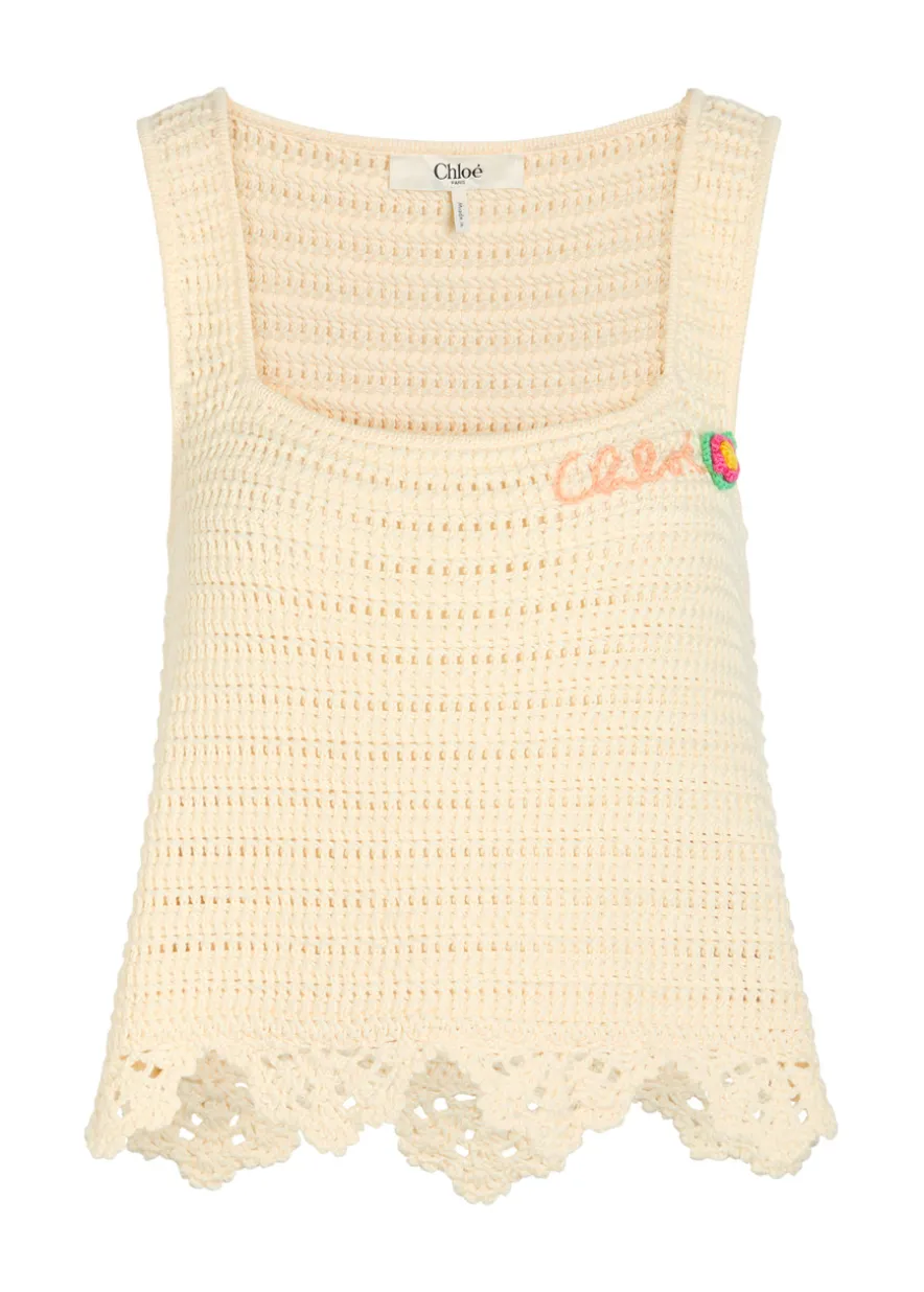 Logo-intarsia crochet cotton top