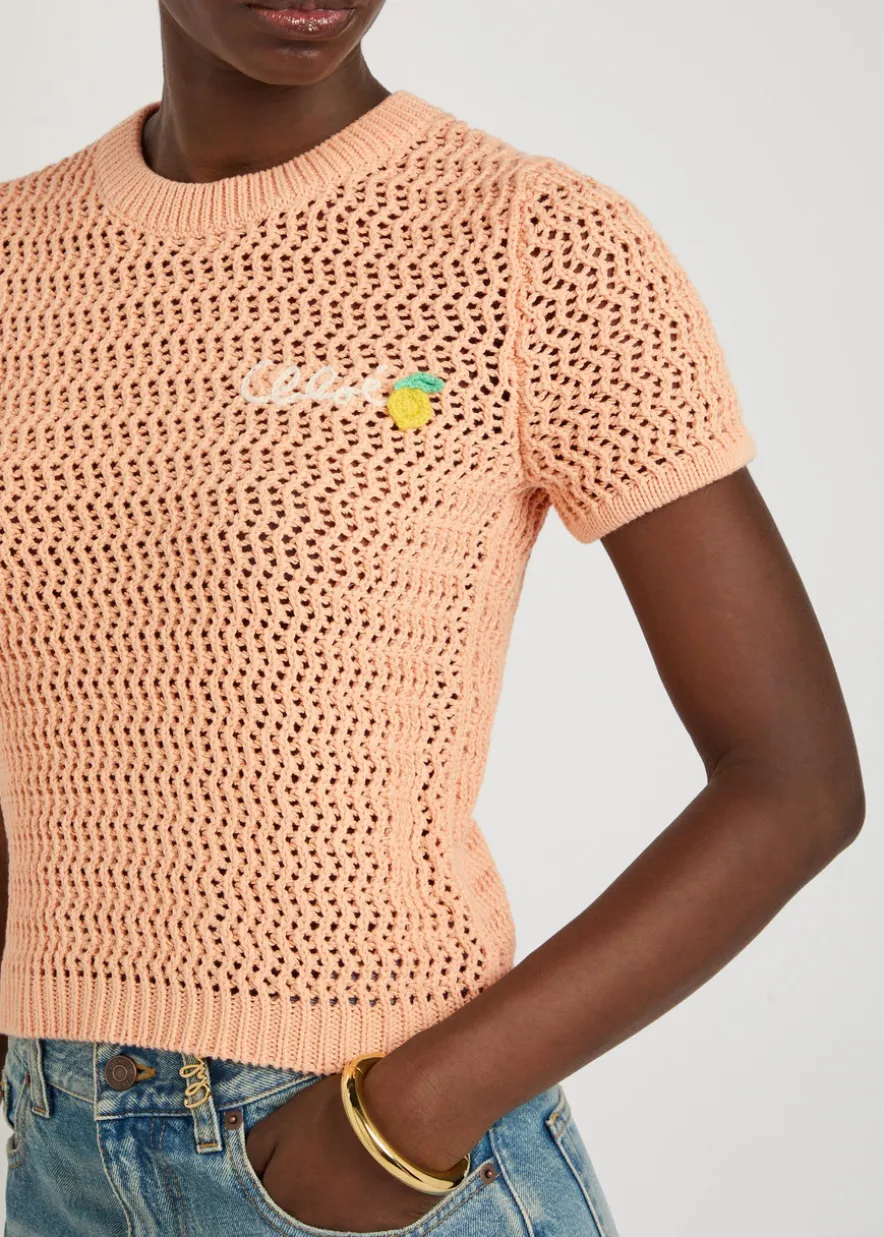 Logo-intarsia open-knit cotton T-shirt