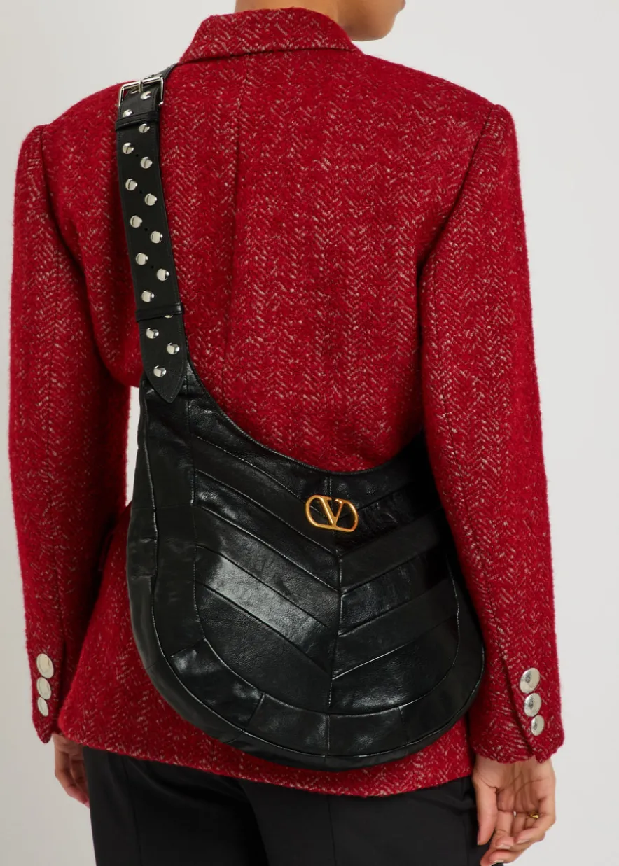 Logo-plaque chevron leather hobo bag