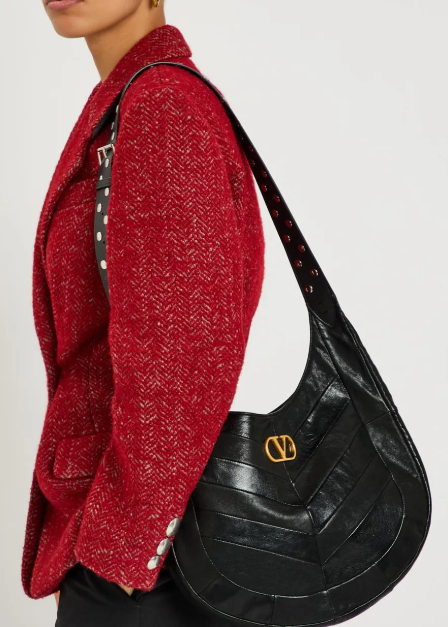 Logo-plaque chevron leather hobo bag