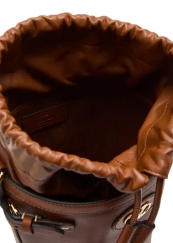 Logo-plaque leather drawstring bucket bag
