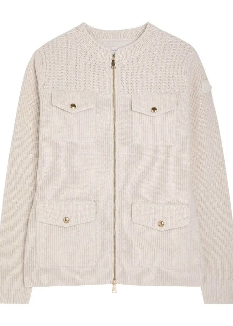 Logo ribbed wool and shell cardigan