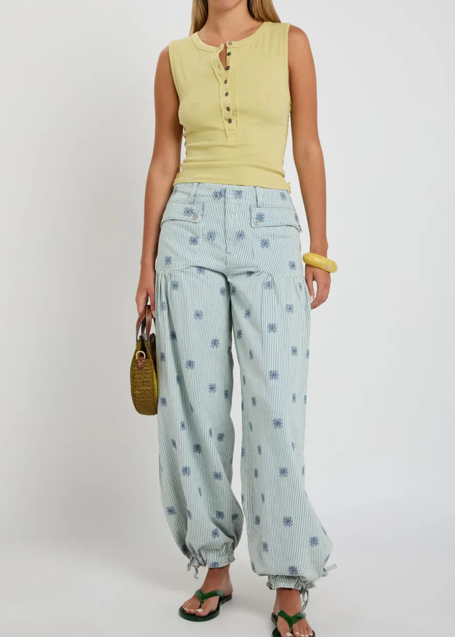 Lotus striped embroidered balloon-leg jeans