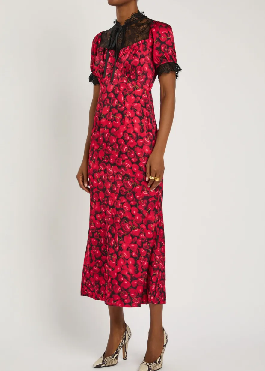 Lyla cherry-print lace and satin midi dress