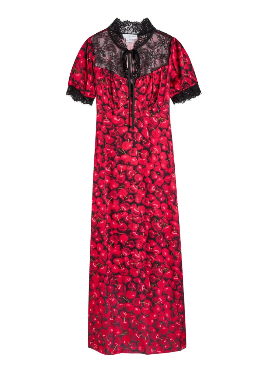 Lyla cherry-print lace and satin midi dress