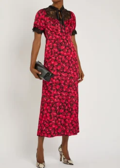 Lyla cherry-print lace and satin midi dress