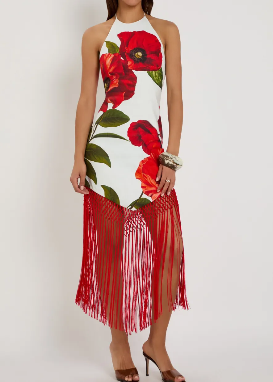 Mallory floral-print fringed linen-blend midi dress
