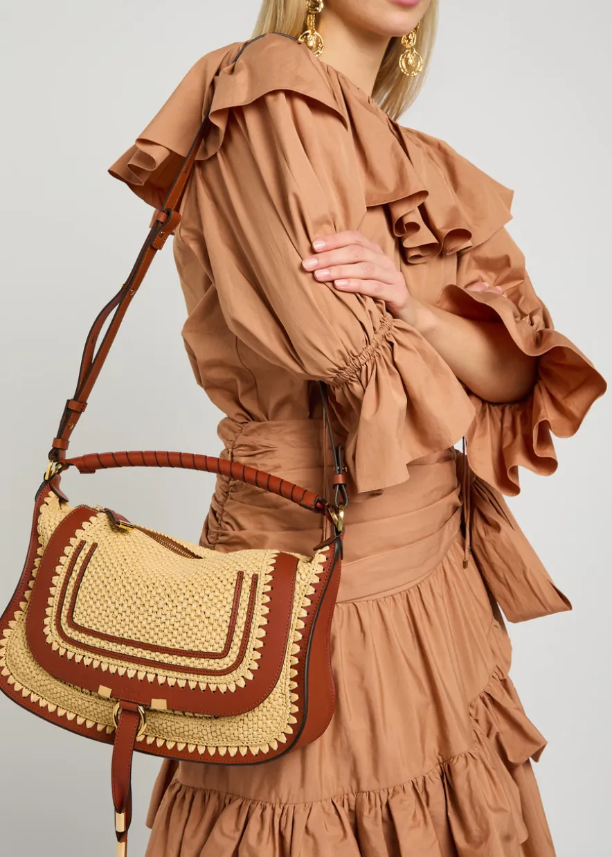 Marcie leather and raffia shoulder bag