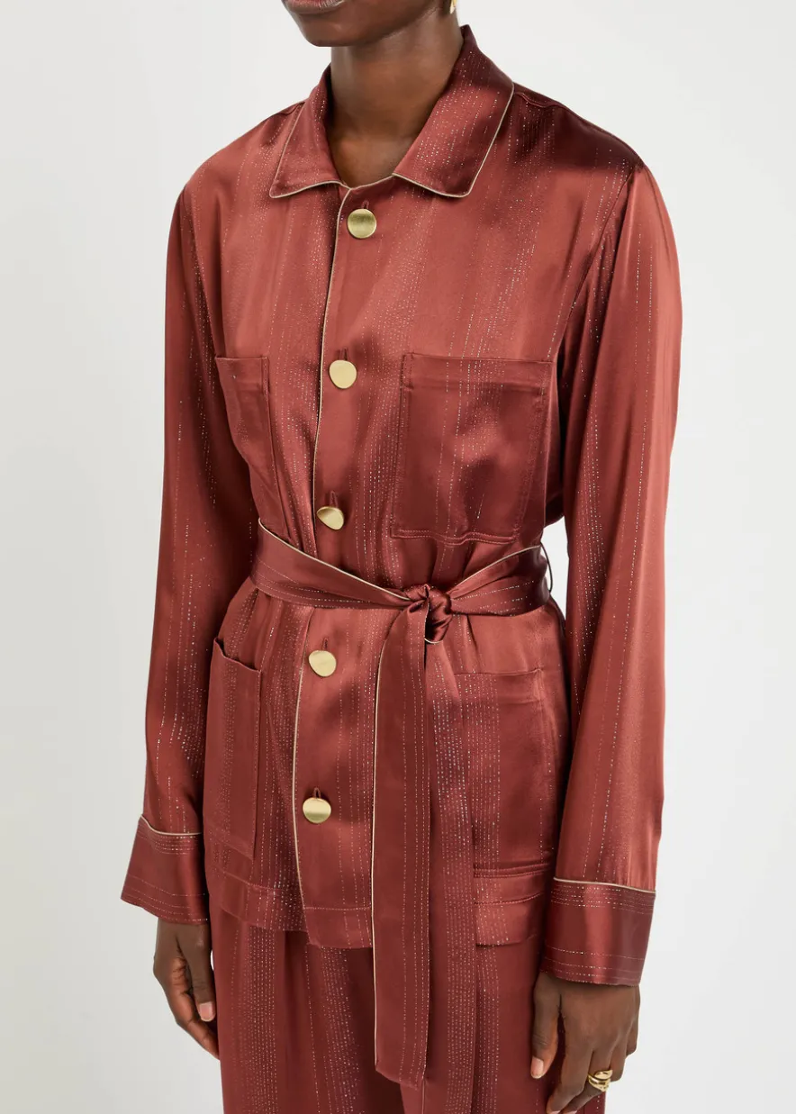 Metallic-pinstripe satin shirt jacket