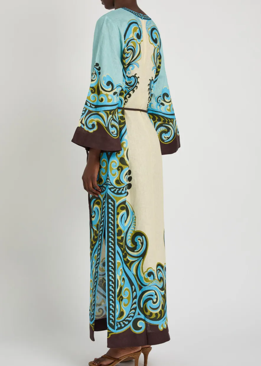 Natalia printed belted linen midi dress